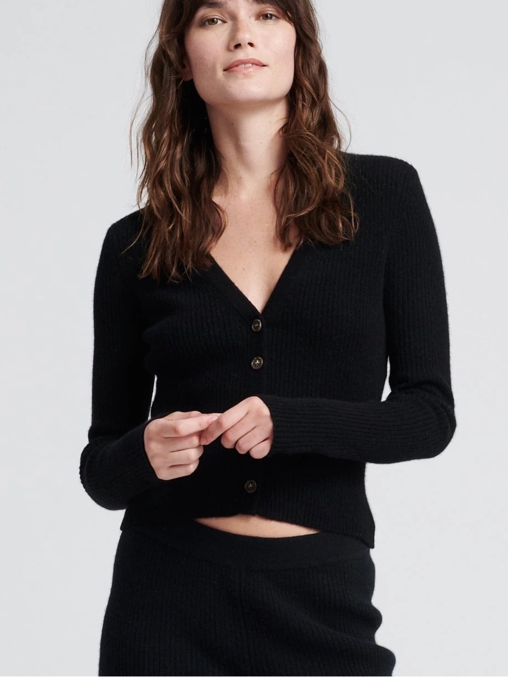 NAADAM Cashmere Ribbed Cropped Cardigan Black Button Front Luxury Size XS